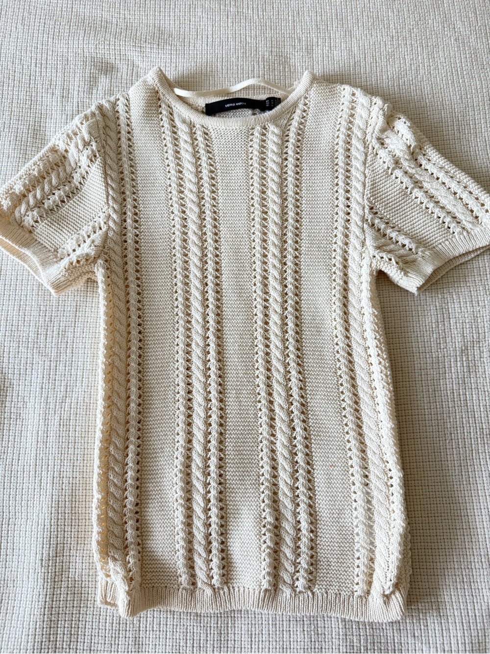 Vero Moda Nora Ivory Fisherman CableKnit CrewNeck ShortSleeve Coastal Sweater XS